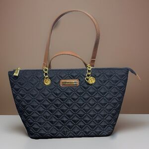 Black Diamond Quilted Nylon Mini Tote Bag Tan Gold Trim Adrienne Vittadini
